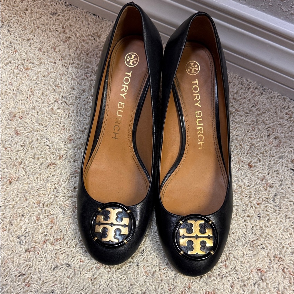 Tory Burch Black Wedge with Gold Logo